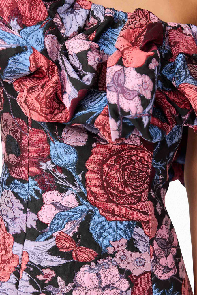 Delphine One Shoulder Mini Dress in Pink & Black Floral