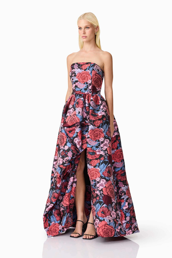 Delphine Strapless Gown in Pink & Black Floral
