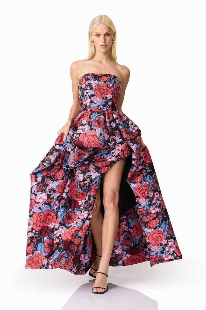 Delphine Strapless Gown in Pink & Black Floral