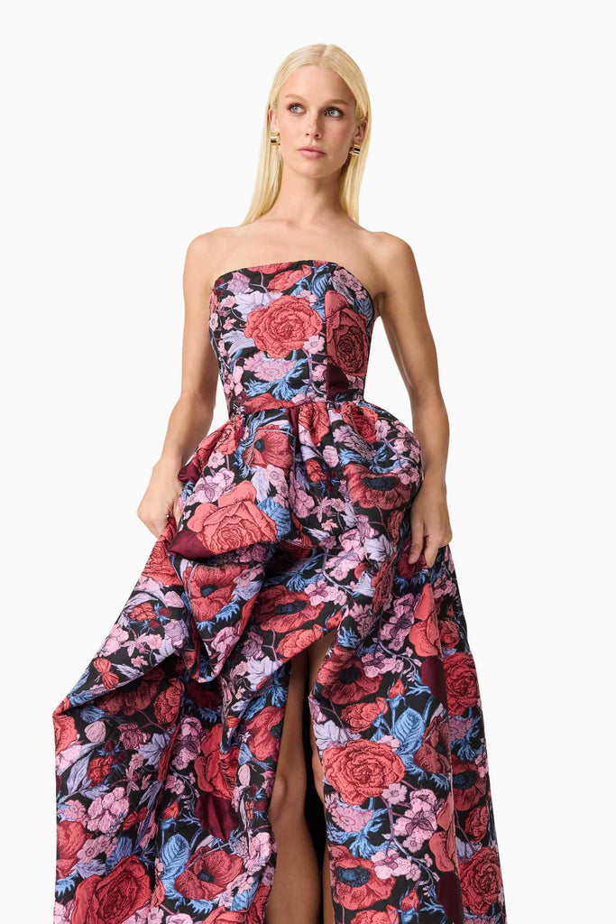 Delphine Strapless Gown in Pink & Black Floral
