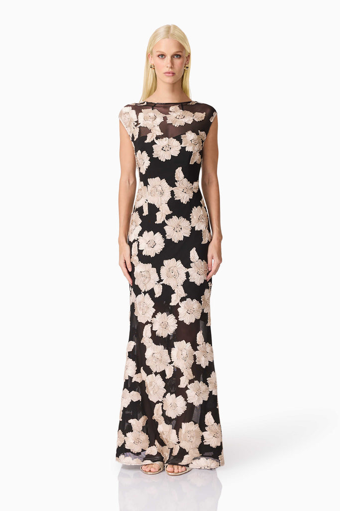 Margaux Fit & Flare Gown in Black & Gold Floral