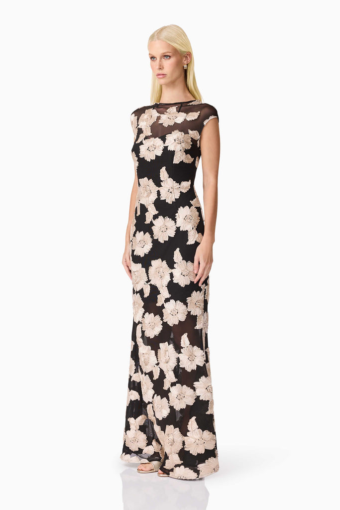 Margaux Fit & Flare Gown in Black & Gold Floral