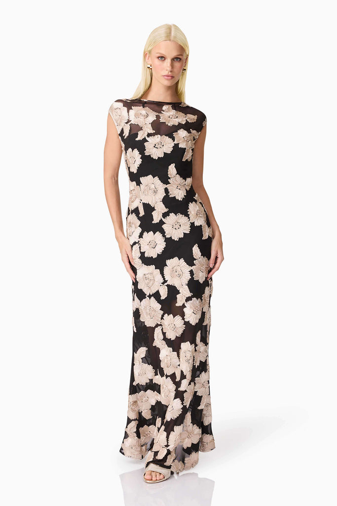 Margaux Fit & Flare Gown in Black & Gold Floral