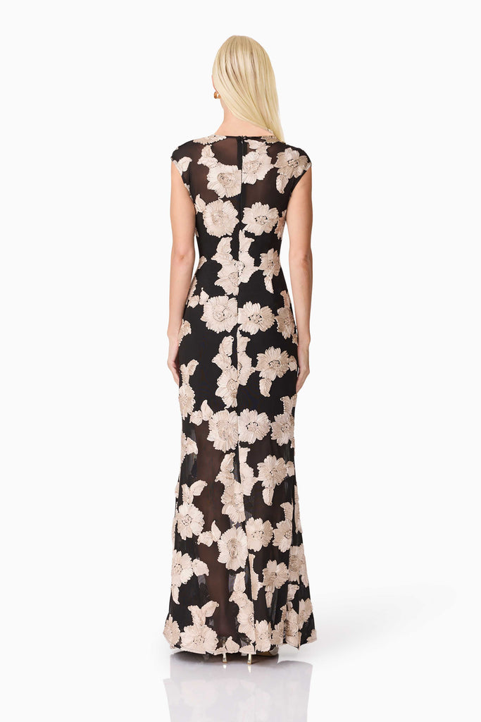 Margaux Fit & Flare Gown in Black & Gold Floral