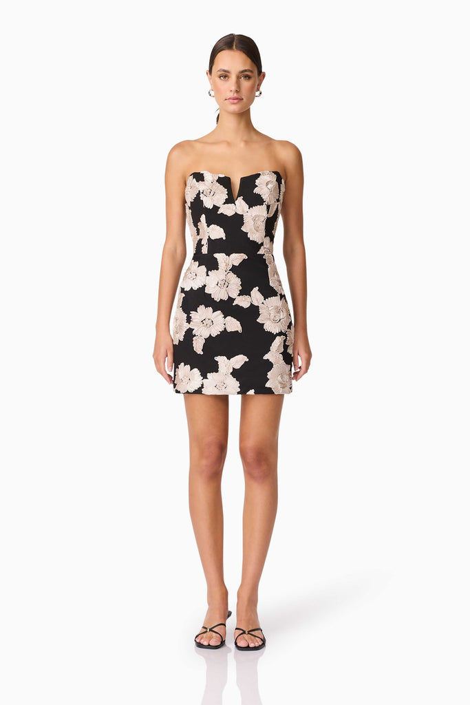 Margaux Strapless Mini Dress in Black & Gold Floral