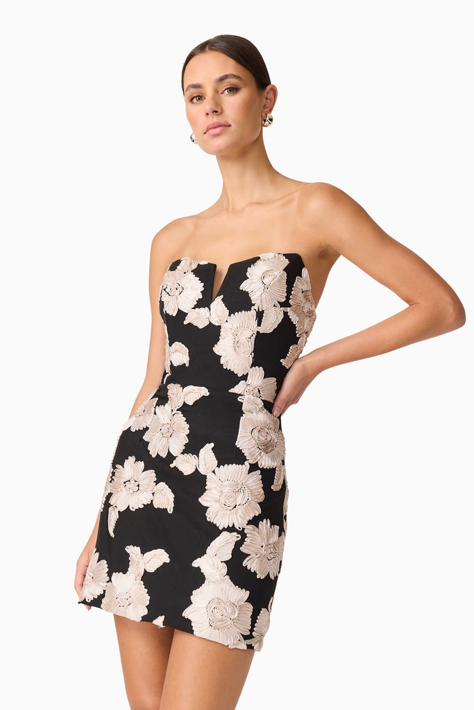 Margaux Strapless Mini Dress in Black & Gold Floral