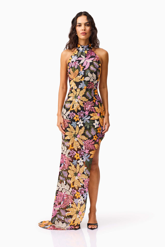 Kiran Halter Gown in Orange Floral