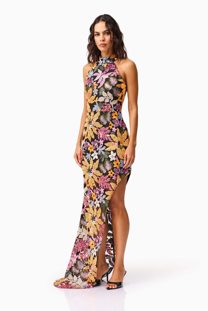 Kiran Halter Gown in Orange Floral