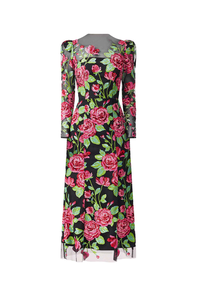 Lyra Sequin Long Sleeve Midi Dress in Pink & Green Floral