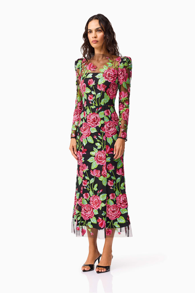 Lyra Sequin Long Sleeve Midi Dress in Pink & Green Floral