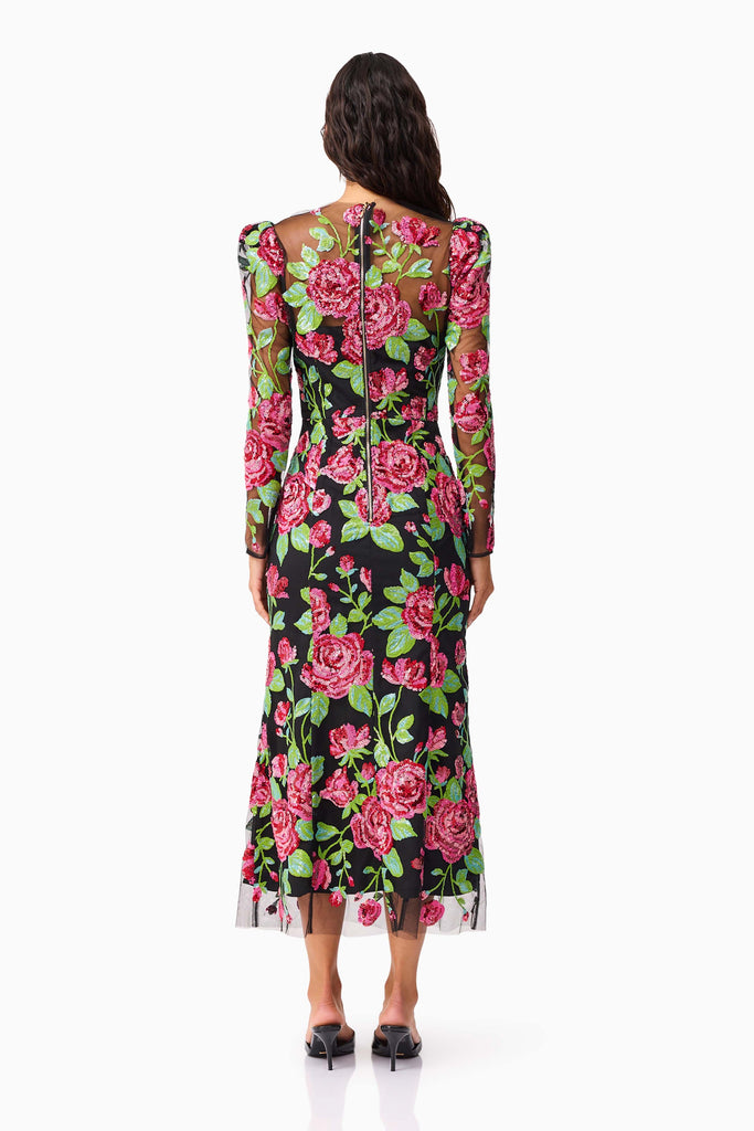 Lyra Sequin Long Sleeve Midi Dress in Pink & Green Floral