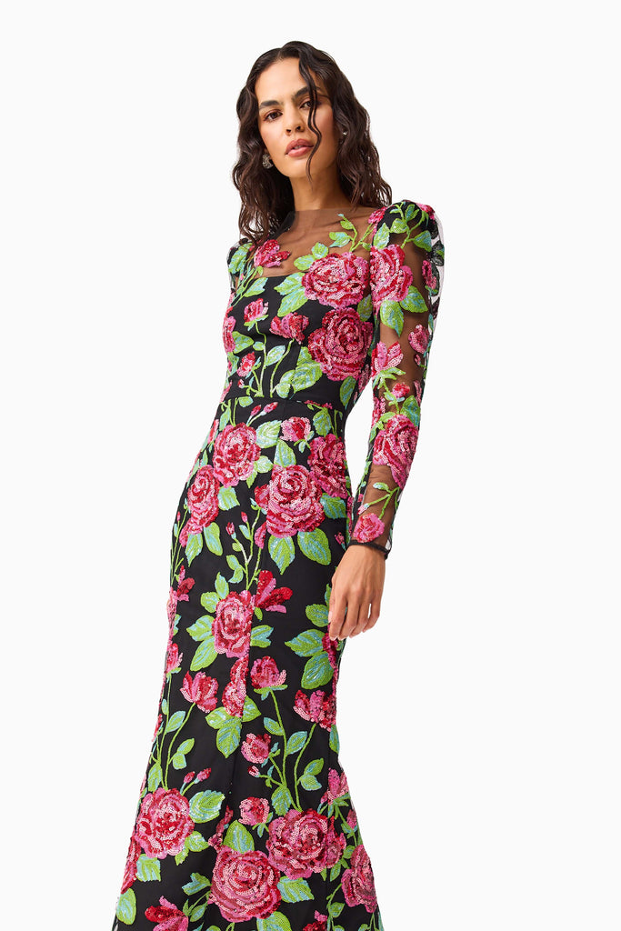 Lyra Sequin Long Sleeve Midi Dress in Pink & Green Floral