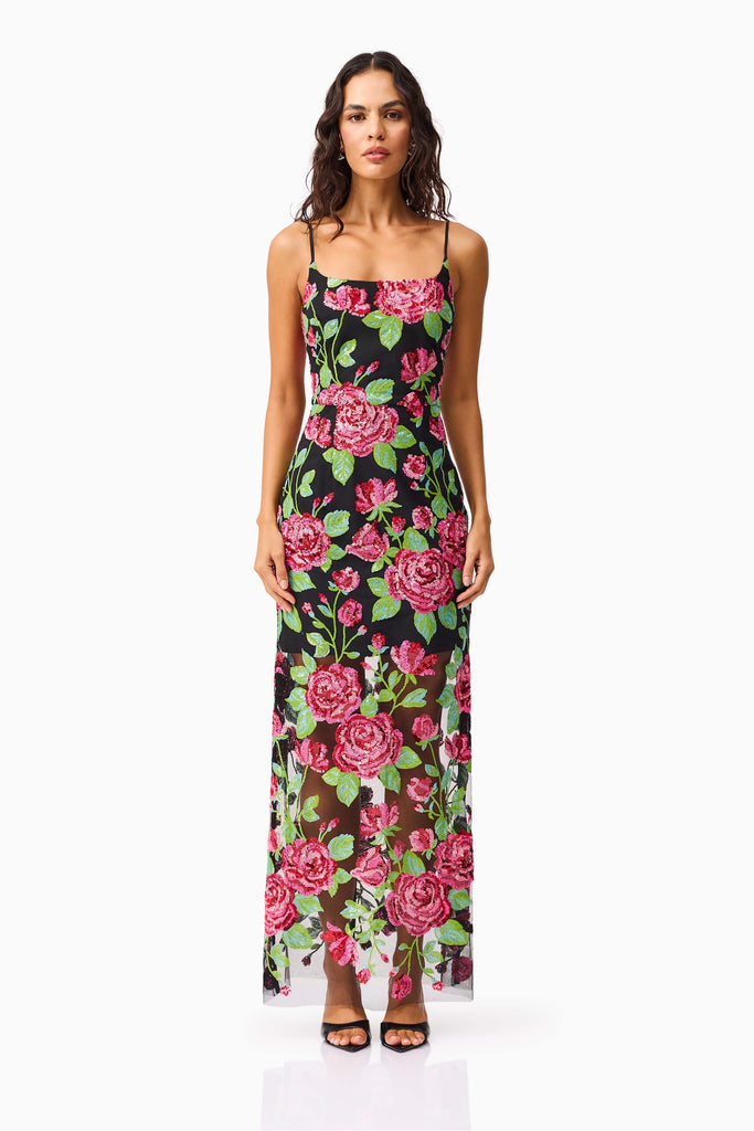 Lyra Sequin Gown in Pink & Green Floral
