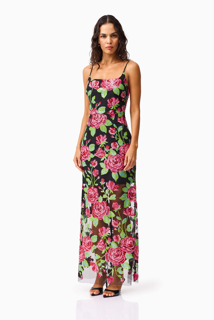 Lyra Sequin Gown in Pink & Green Floral