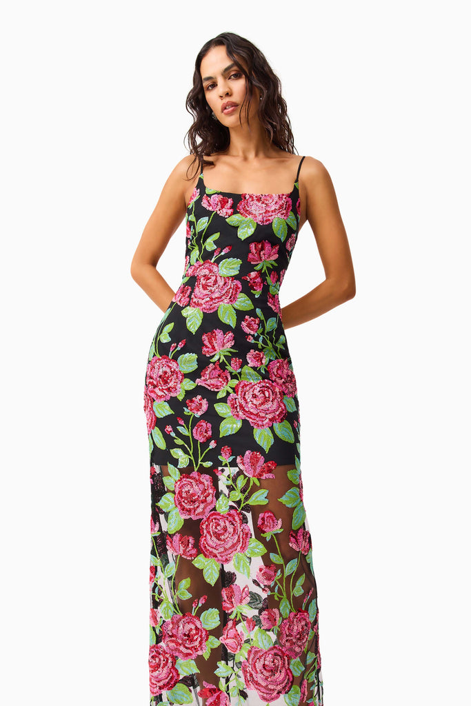 Lyra Sequin Gown in Pink & Green Floral