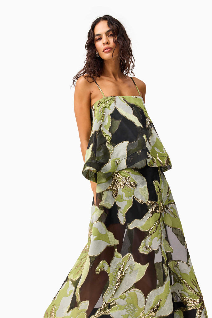 Elysia Tiered Gown in Black & Green Floral