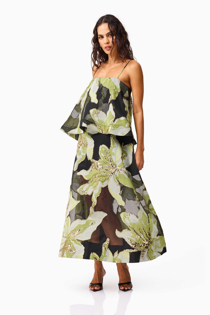 Elysia Tiered Gown in Black & Green Floral