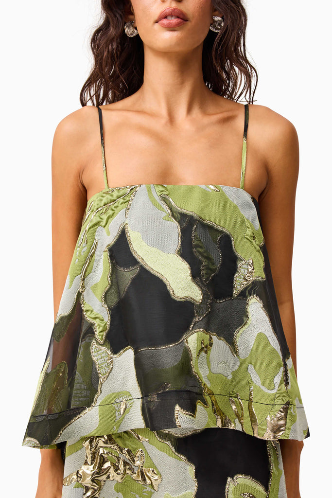 Elysia Tiered Gown in Black & Green Floral