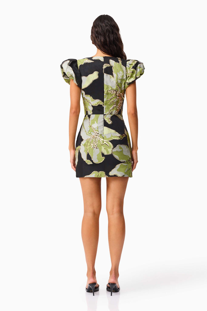 Elysia Cap Sleeve Mini Dress in Black & Green Floral