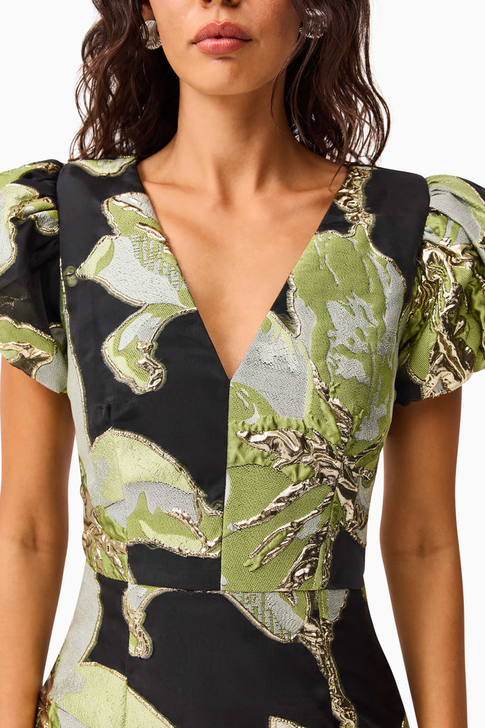 Elysia Cap Sleeve Mini Dress in Black & Green Floral