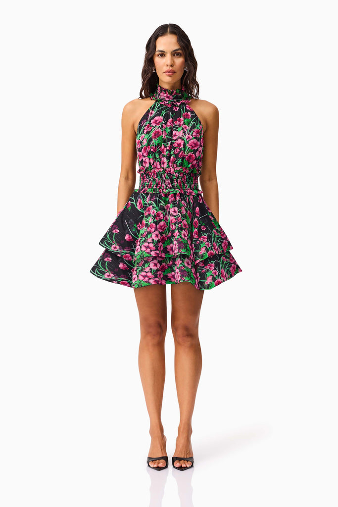 Estelle Halter Mini Dress in Black & Pink Floral