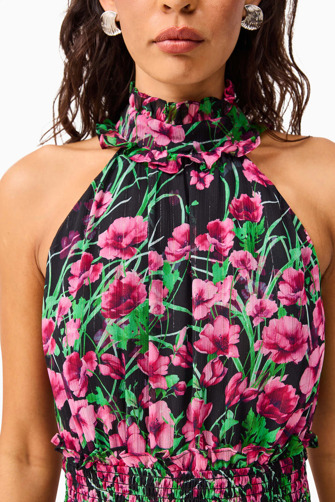 Estelle Halter Mini Dress in Black & Pink Floral