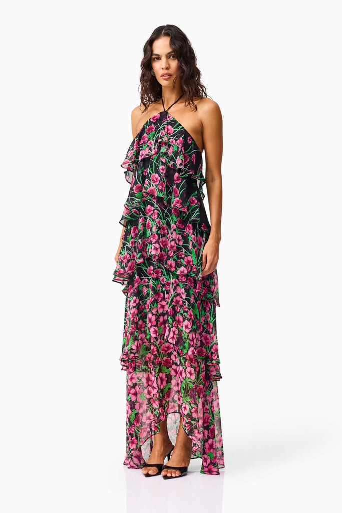 Estelle Halter Gown in Black & Pink Floral