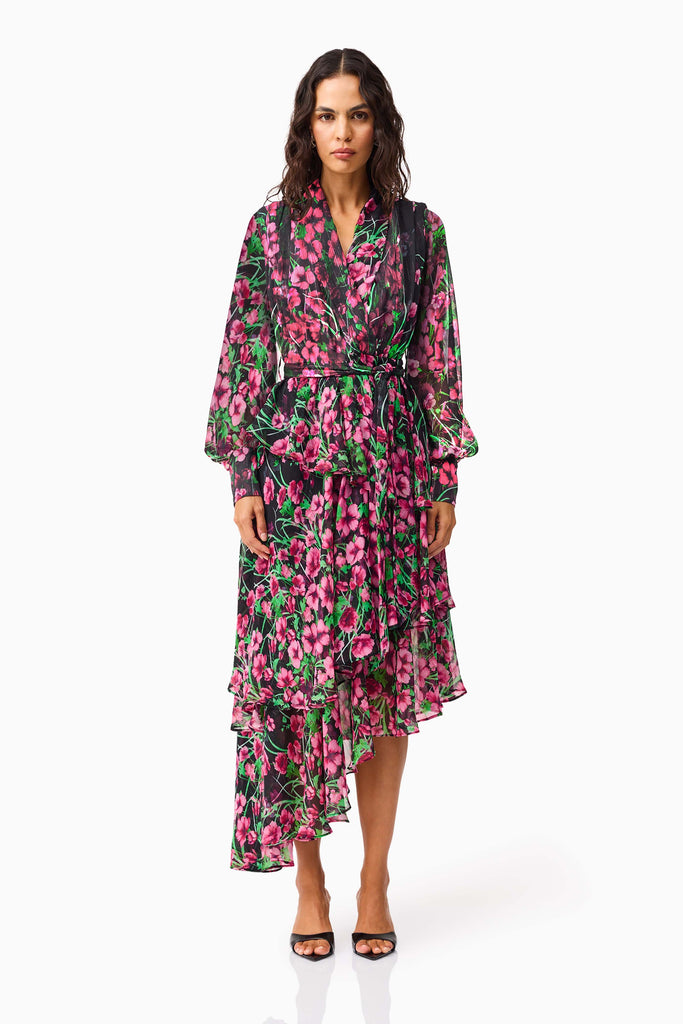Estelle Long Sleeve Maxi Dress in Black & Pink Floral