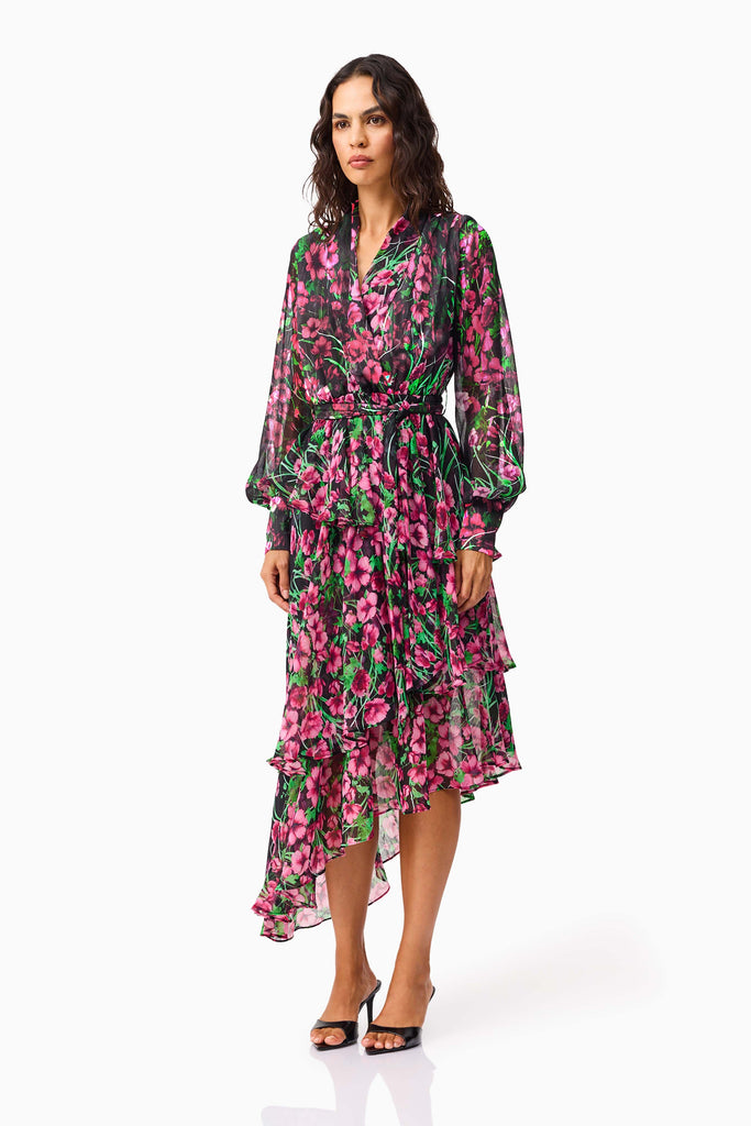 Estelle Long Sleeve Maxi Dress in Black & Pink Floral