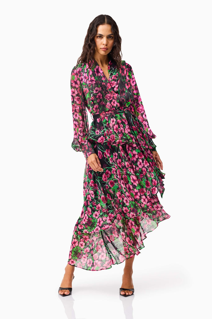 Estelle Long Sleeve Maxi Dress in Black & Pink Floral