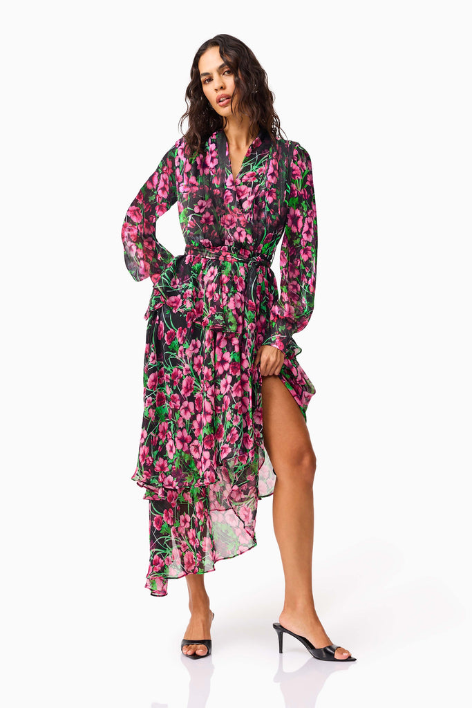 Estelle Long Sleeve Maxi Dress in Black & Pink Floral