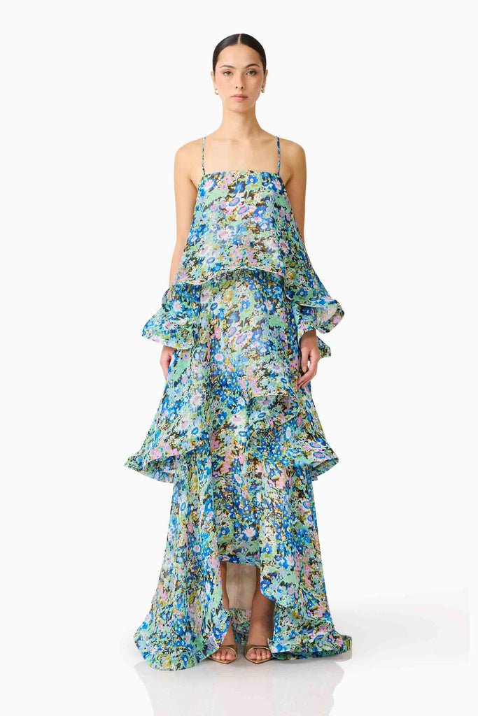 Armani Tiered Maxi Dress In Blue Floral