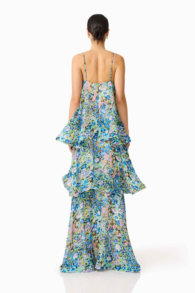 Armani Tiered Maxi Dress In Blue Floral