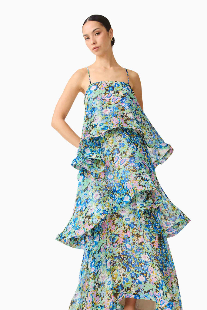 Armani Tiered Maxi Dress In Blue Floral