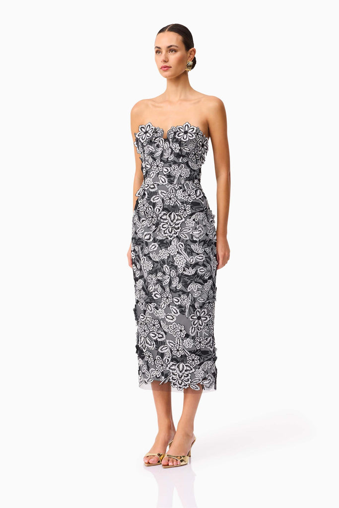 Roseate Strapless Midi Dress in Black