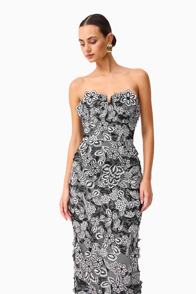 Roseate Strapless Midi Dress in Black