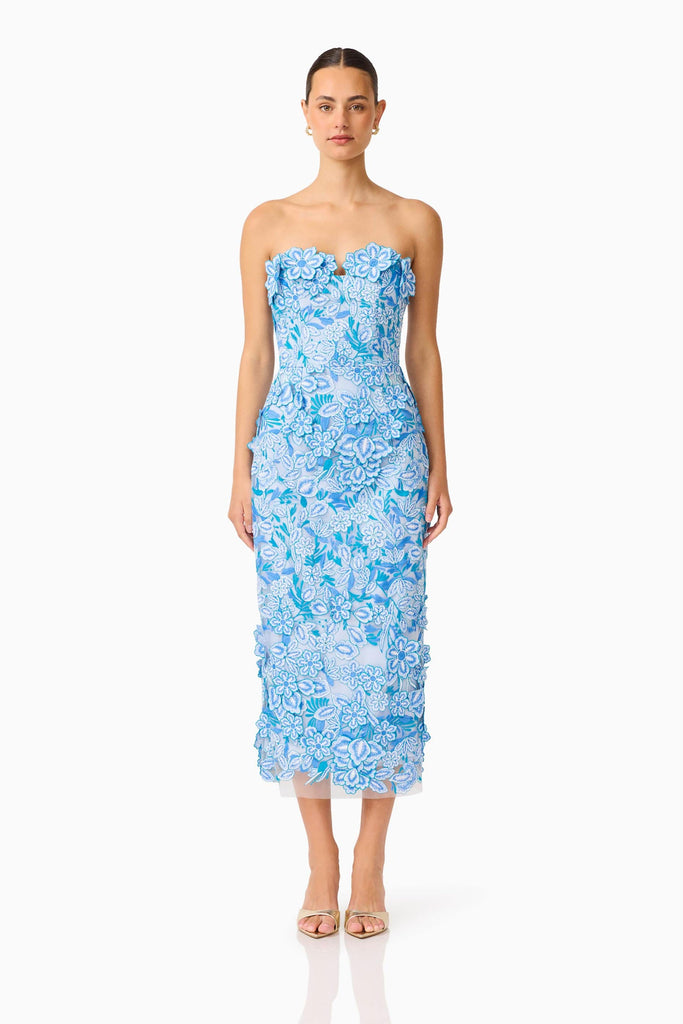 Roseate Strapless Midi Dress in Blue