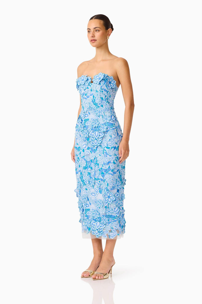 Roseate Strapless Midi Dress in Blue