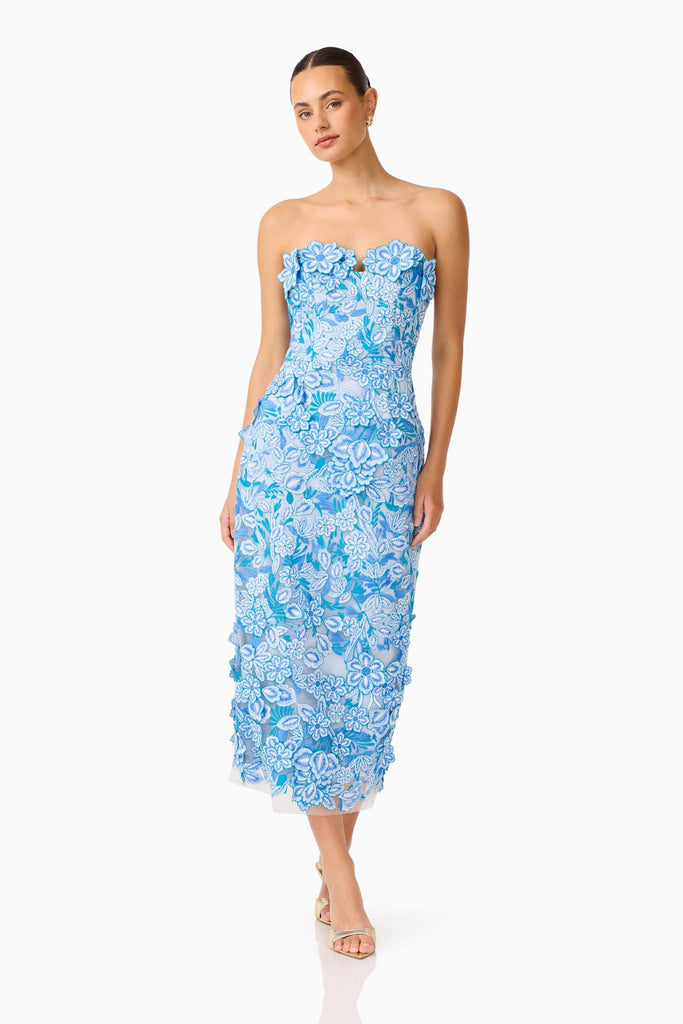 Roseate Strapless Midi Dress in Blue
