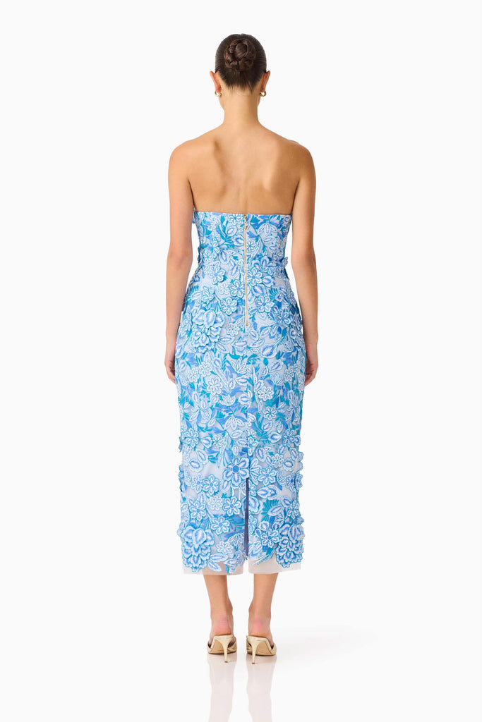 Roseate Strapless Midi Dress in Blue