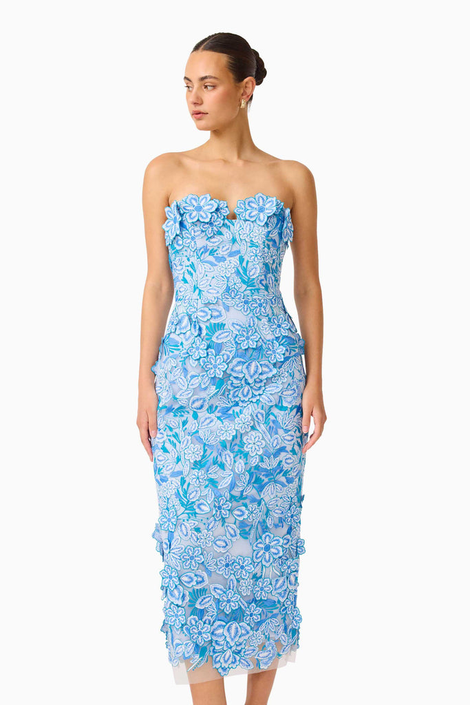 Roseate Strapless Midi Dress in Blue