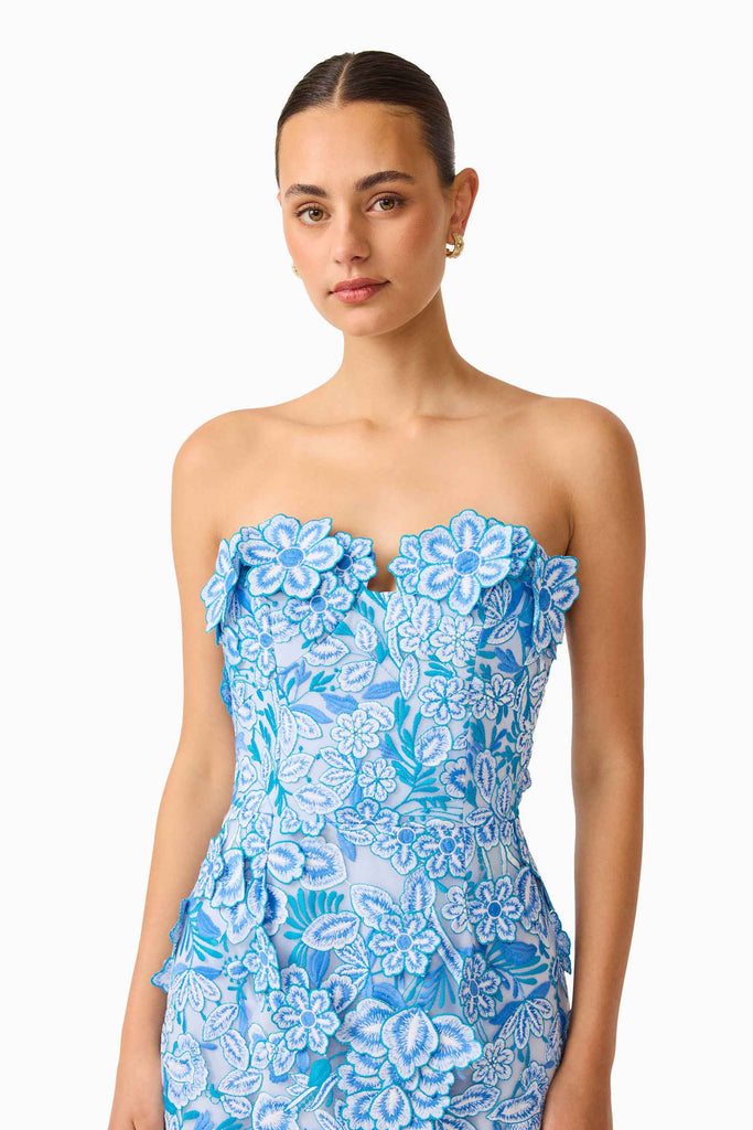 Roseate Strapless Midi Dress in Blue