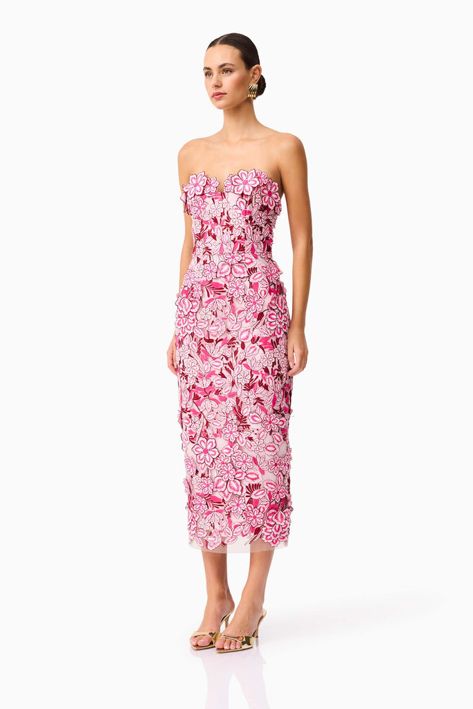 Roseate Strapless Midi Dress in Pink