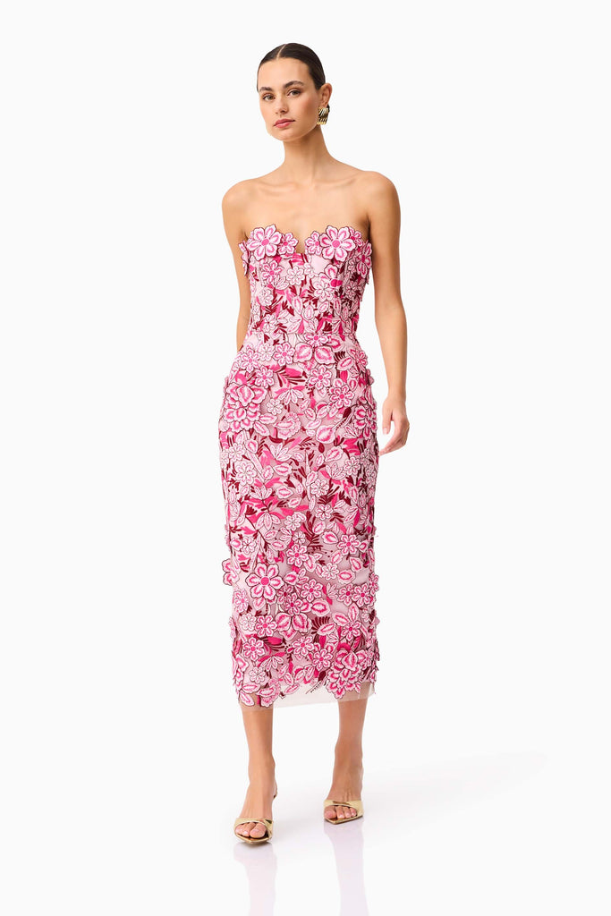 Roseate Strapless Midi Dress in Pink