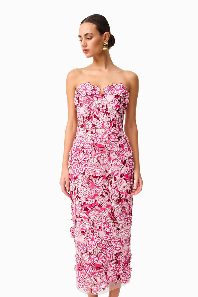 Roseate Strapless Midi Dress in Pink