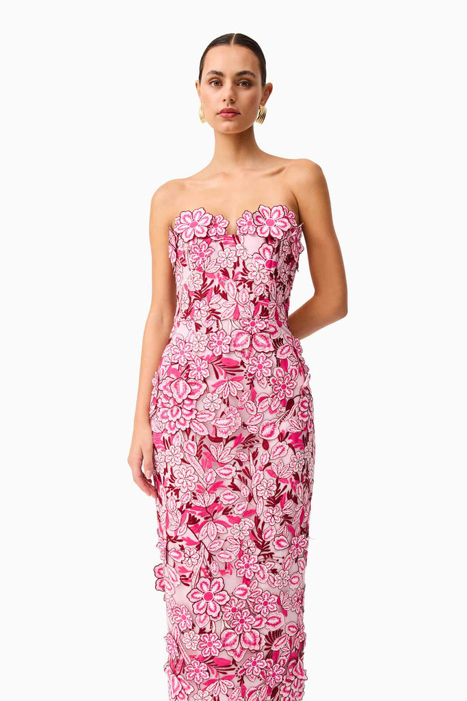 Roseate Strapless Midi Dress in Pink