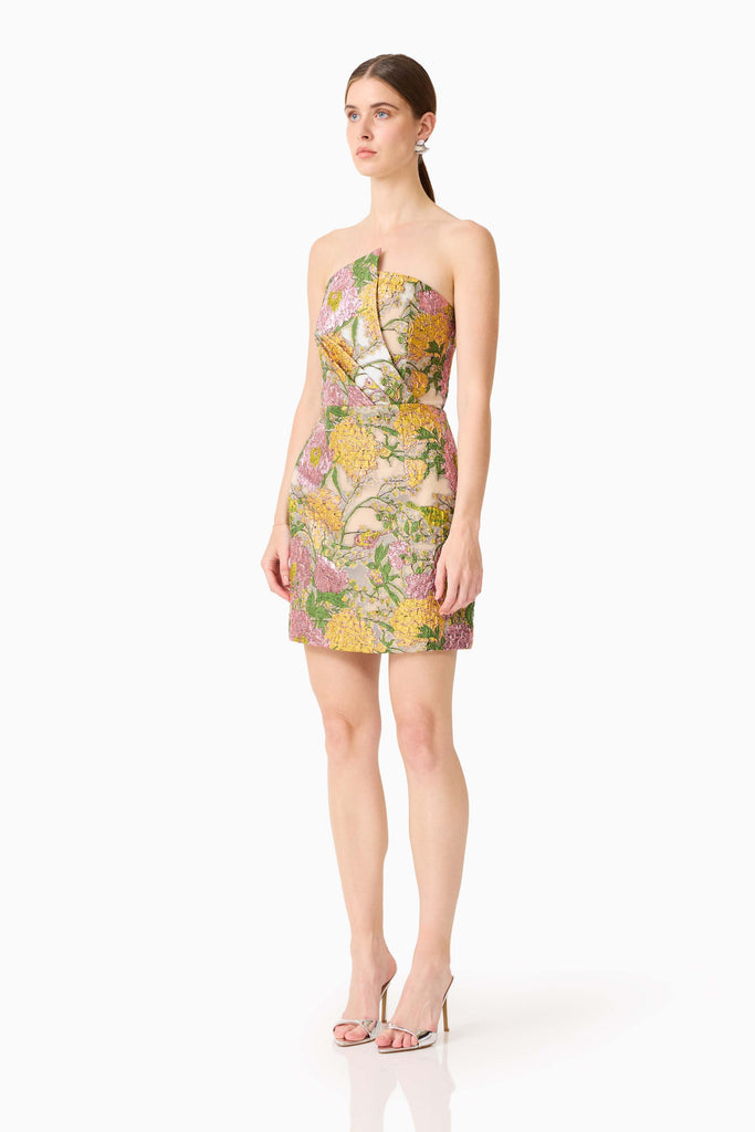Patricia Strapless Mini Dress in Gold & Purple Floral