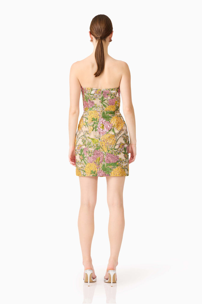 Patricia Strapless Mini Dress in Gold & Purple Floral