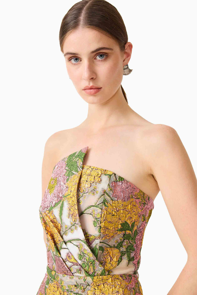 Patricia Strapless Mini Dress in Gold & Purple Floral