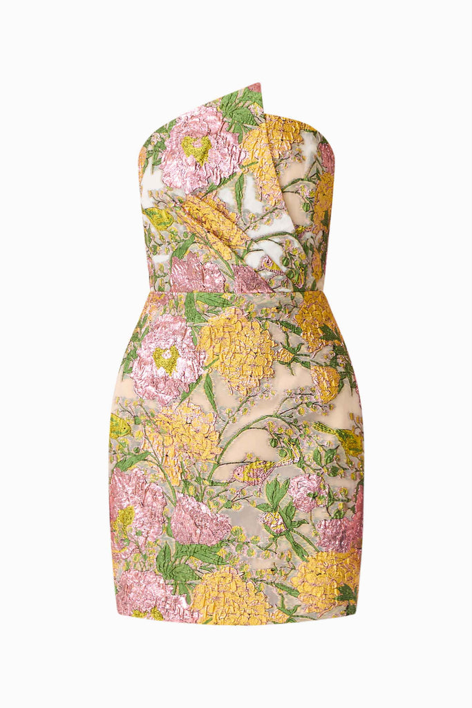 Patricia Strapless Mini Dress in Gold & Purple Floral